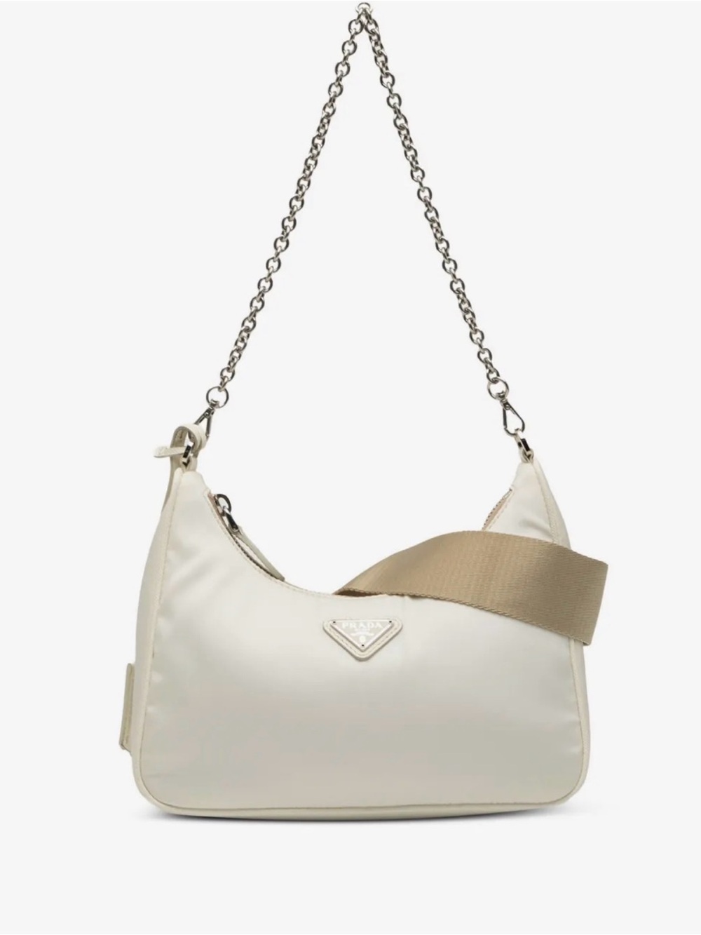 Prada Re-Edition Nylon Shoulder Bag White with Beige Strap
